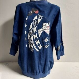 Lida Blue Chambray Top Shirt Southwestern‎ Art Vintage 80s Embelished Size L